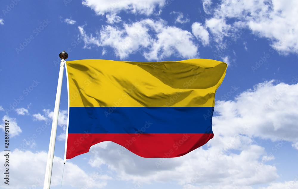 Colombia flag mockup, fluttering under blue sky. Country in the far north of South America, marked by the Andes. Capital of Bogota. Cartagena, on the Caribbean coast, has a walled colonial city. Colombia flag mockup, fluttering under blue sky. Country in the far north of South America, marked by the Andes. Capital of Bogota. Cartagena, on the Caribbean coast, has a walled colonial city.
