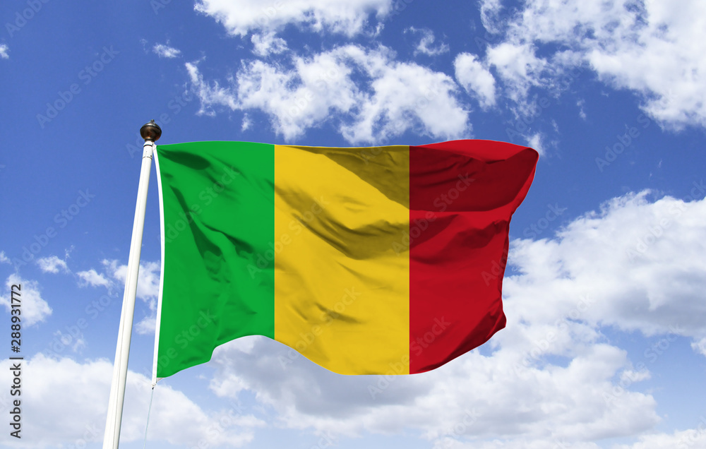 Mockup of Mali flag fluttering under blue sky. African country with no outlet to the western sea. Seventh largest in Africa. Capital of Bamako. Almost half of the population lives below the poverty li Mockup of Mali flag fluttering under blue sky. African country with no outlet to the western sea. Seventh largest in Africa. Capital of Bamako. Almost half of the population lives below the poverty li