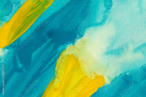 Turquoise and yellow watercolor wallpaper. Hand drawn paintbrush swabs raster illustration.