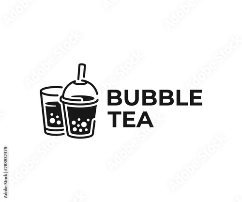 Milk bubble tea drink logo design. Beverage with tapioca balls vector design. Fruit drink and tapioca pearls logotype