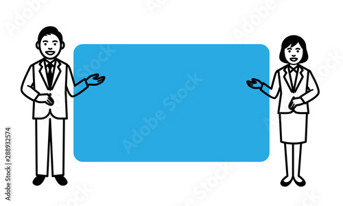 Young man and woman with message board on white background. Vector illustration.