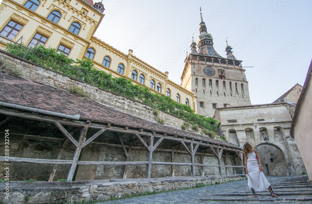 Woman in white dress looking at the castle.