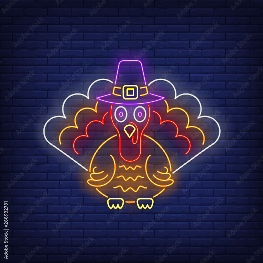 Turkey wearing witch hat neon sign. Thanksgiving Day, animal design