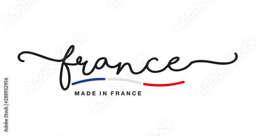 Made in France handwritten calligraphic lettering logo sticker blue white red flag ribbon banner line design photo
