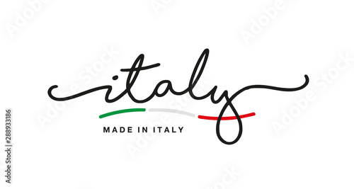 Made in Italy handwritten calligraphic lettering logo sticker green white red flag ribbon banner line design