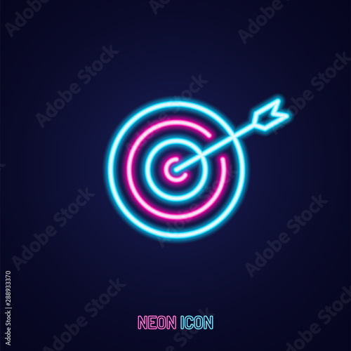 arrow target simple luminous neon outline colorful icon on blue background.
