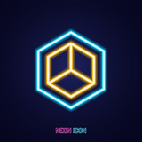 Hexagon simple luminous neon outline colorful icon on blue background.