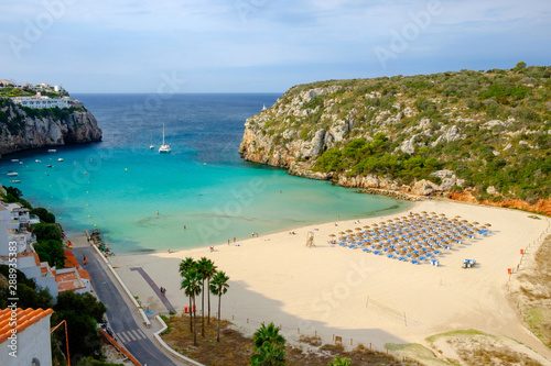 View on the beach Cala en Porter on Menorca Island.