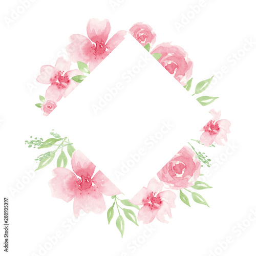 Fototapeta Naklejka Na Ścianę i Meble -  Wedding invitation card template, geometric design. Romantic watercolor roses and cherry blossom