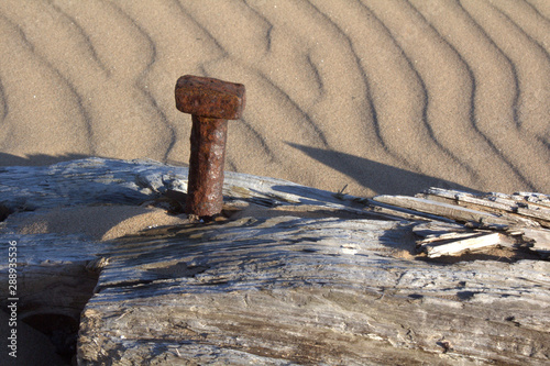 A rusting bolt in a decaying wooden beam on a rippled beach.