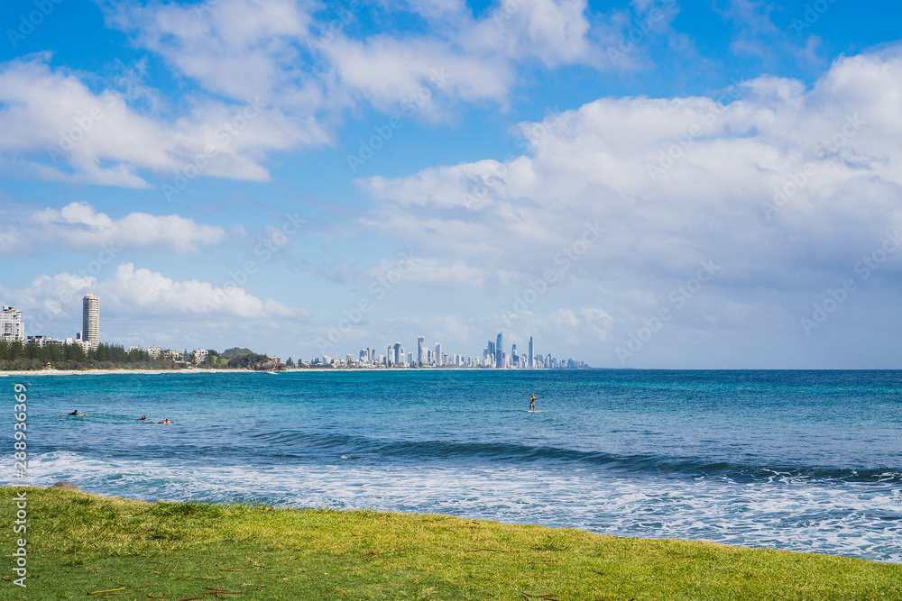 Stunning view of the Gold Coast skyline and surfing beach, visible from the park at Burleigh Heads, Queensland, Australia. 