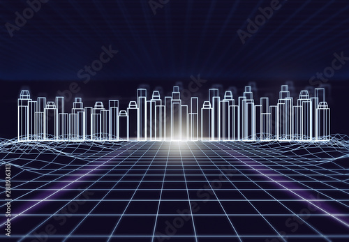 Abstract futuristic city with wire frame in blue shade . Digital future architecture technology background concept. 3D render.