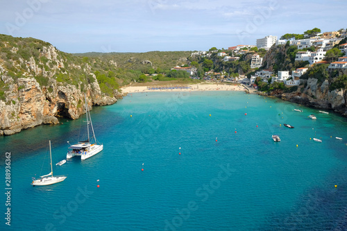 View on the beach Cala en Porter on Menorca Island.