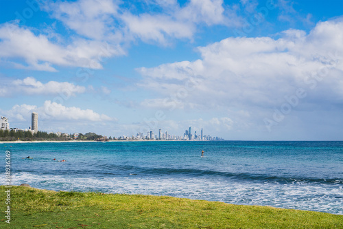 Stunning view of the Gold Coast skyline and surfing beach  visible from the park at Burleigh Heads  Queensland  Australia. 