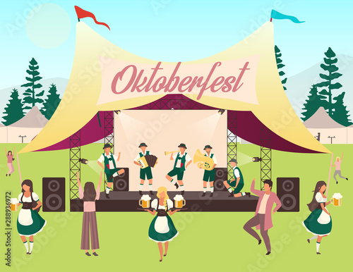 Oktoberfest flat vector illustration. Music and dances. Folk performance in tent. Beer Festival, october fest concert. People in national costumes carry beer and dancing. Volksfest cartoon characters