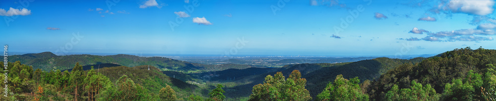 Spectacular wide panoramic view of the Gold Coast skyline from the top of Tamborine Mountain, South East Queensland, Australia.