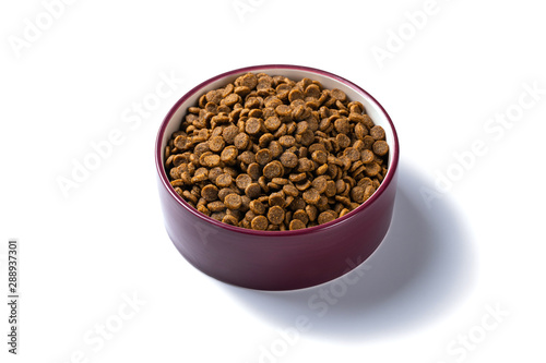 Monochrome cat food in a ceramic dish on white background