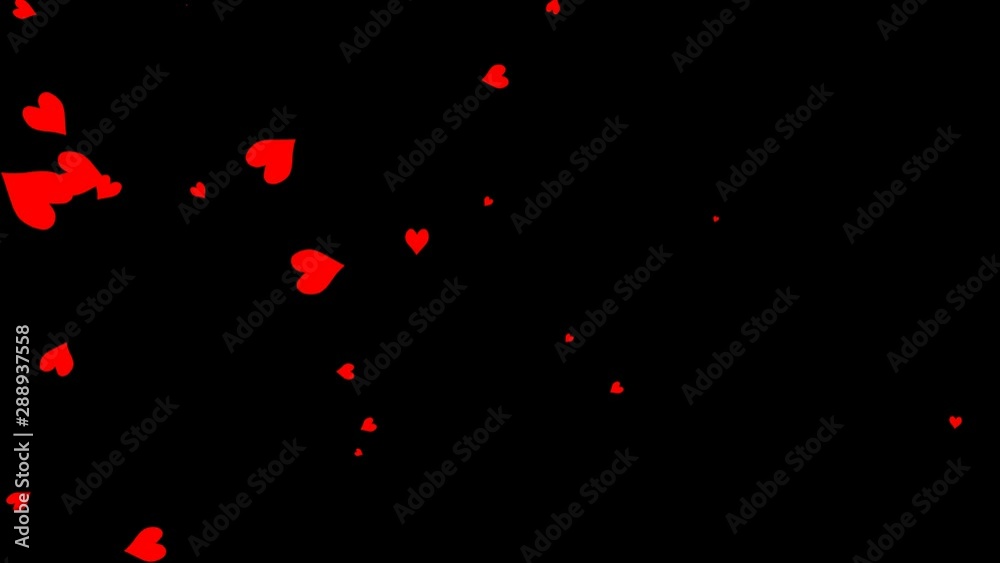 4k animation - Heart particle trail transition isolated on png background.Seamless flow of red hearts in the left part of the screen