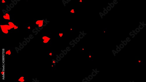 4k animation - Heart particle trail transition isolated on png background.Seamless flow of red hearts in the left part of the screen