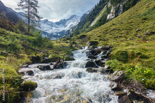 Wildbach in den Alpen mit Gletscher im Hintergrund