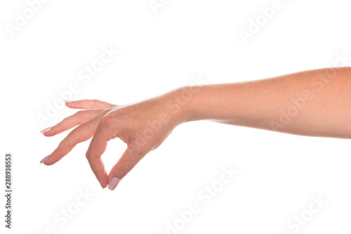 Hand of a young woman with beautiful manicure isolated on white background © Nana_studio