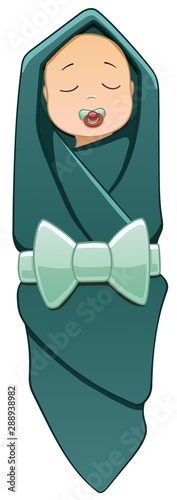 Asian baby wrapped in green swaddling clothes