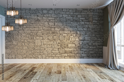 modern bright empty interior design, stone wall and large window with balcony. 3D rendering