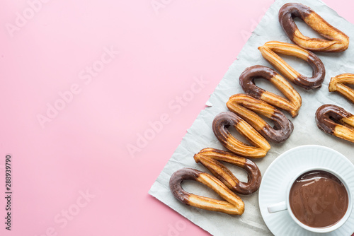 Churros with chocolat typical  sweet breakfast