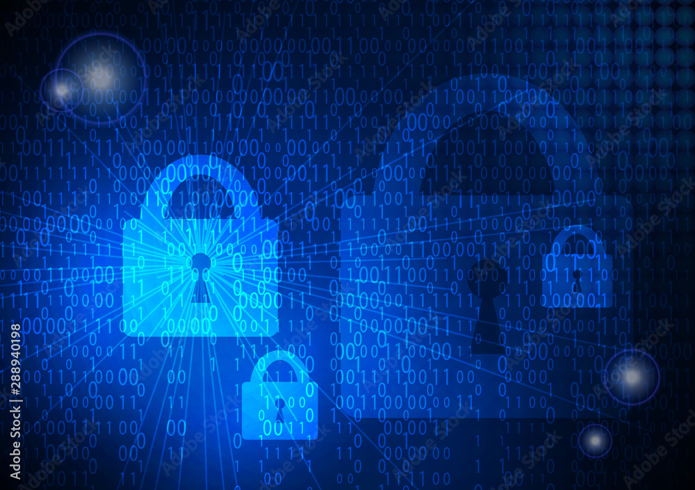 Digital lock guard binary code sign. Abstract security technology on a global network background, cyber security. Digital lock guard binary code sign. Abstract security technology on a global network background, cyber security.