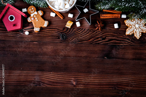 Christmas gingerbread, spruce branches on dark wooden background top view