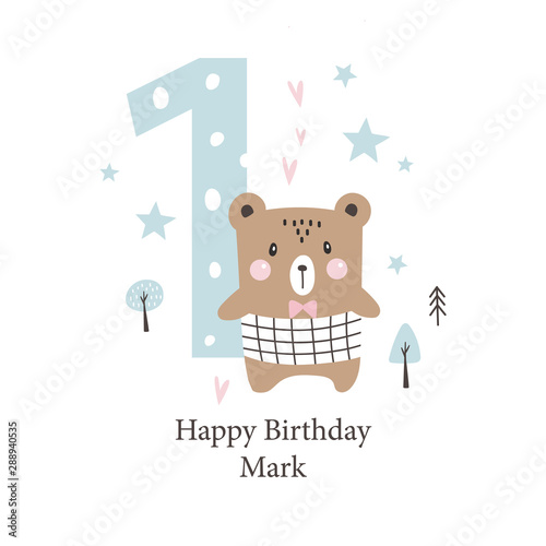 Second birthday greetings card with a cute bear. Kids party with animals. Vector
