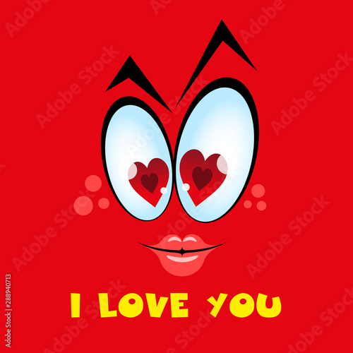 Cute emotion with hearts in big eyes and pouting lips on a red background. Banner with the inscription I LOVE YOU. Vector illustration
