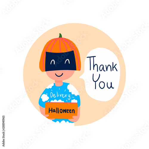Happy halloween delivery man cartoon, pumpkin helmet man  carrying box, parcel, gift for halloween day vector illustration 