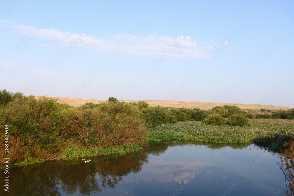 Summer rural landscape with small river, bright blue sky, white clouds reflect in the water. Have a nice summer day