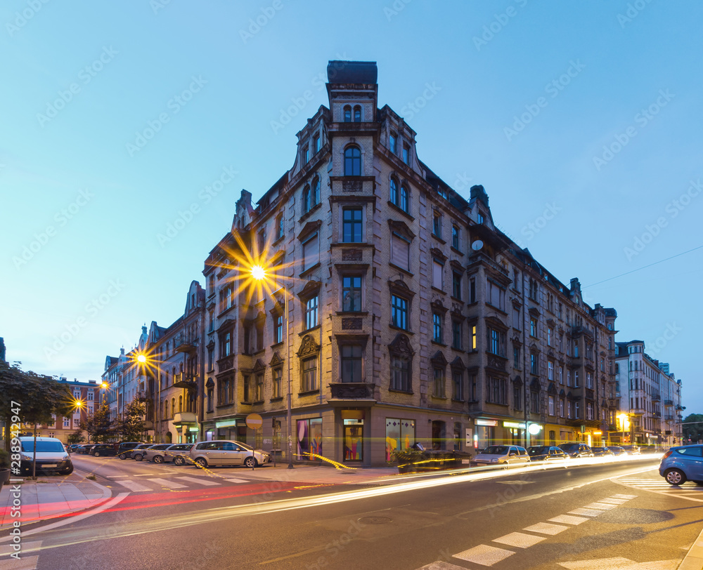 The old building after sunset. Katowice