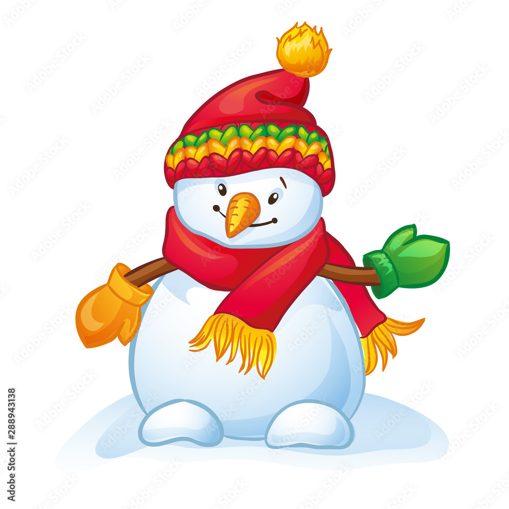Cartoon Snowman with hat, scarf and mittens. Christmas and New Year character. Vector illustration on a white background. Cartoon Snowman with hat, scarf and mittens. Christmas and New Year character. Vector illustration on a white background.