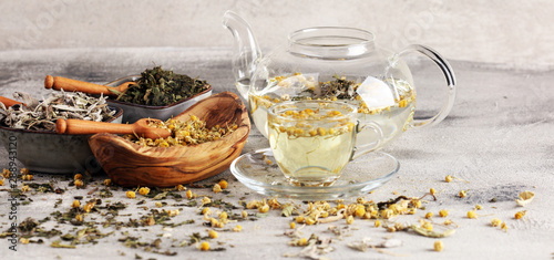 tea with Chamomile, sage and stinging nettle tea. Dried chamomile tea on table