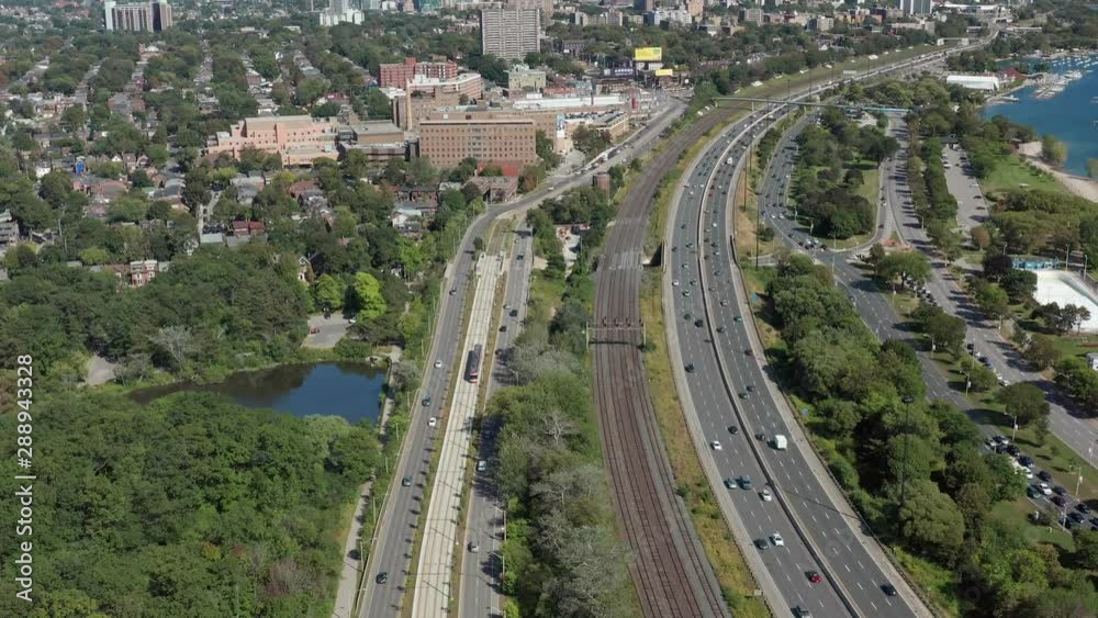 Aerial Establishing Shot of the Gardiner Expressway Leading into Downtown Toronto. Cinematic 4K Footage. Aerial Establishing Shot of the Gardiner Expressway Leading into Downtown Toronto. Cinematic 4K Footage.