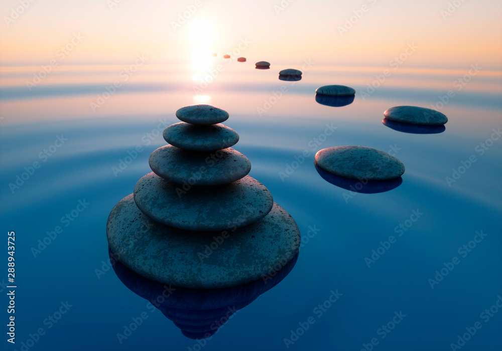 Stack of stones in calm water in the wide ocean - concept of meditation - 3D illustration - obrazy, fototapety, plakaty 