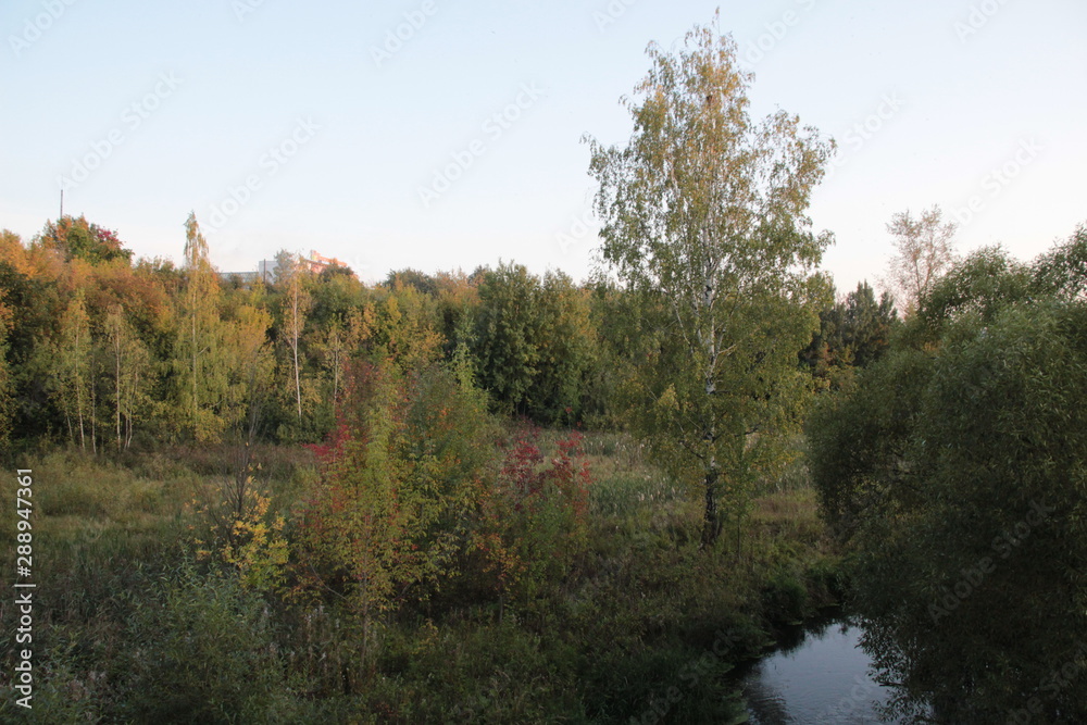 View on riverside landscape in early autumn evening with blue sky 