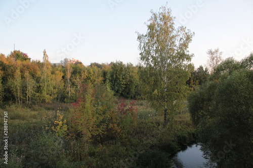 View on riverside landscape in early autumn evening with blue sky 