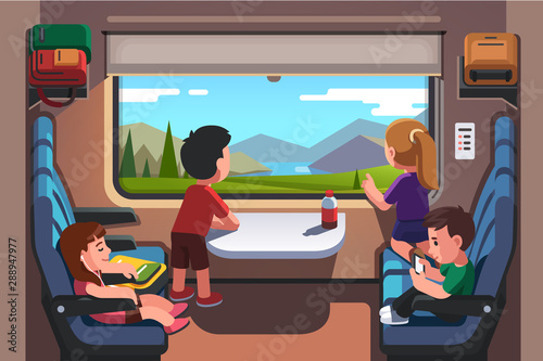 Kids girls and boys traveling by train together