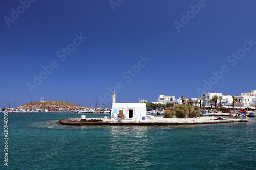 Panagia Myrtidiotissa Chapel, Naxos Harbour with Apollos gateway behind,  Greek Islands photo