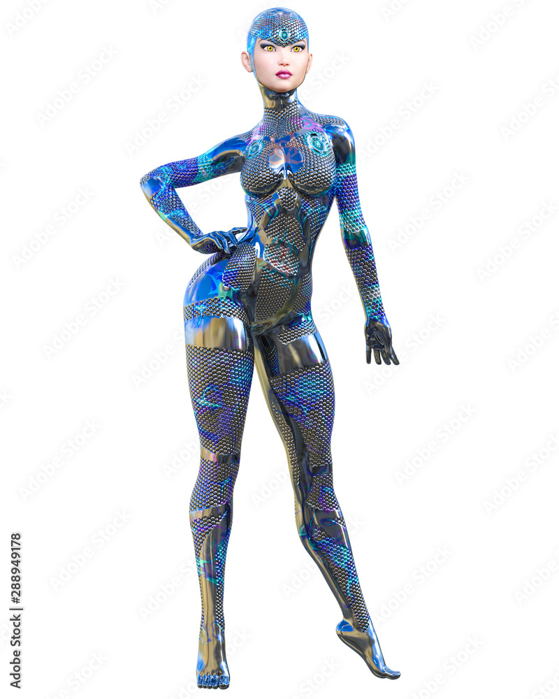 Cyborg Woman futuristic metallic neon suit.