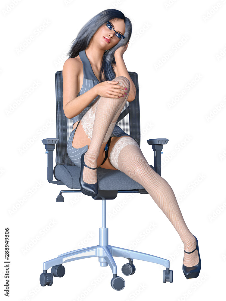 Long-haired brunette secretary in white stocking. Long-haired brunette secretary in white stocking.