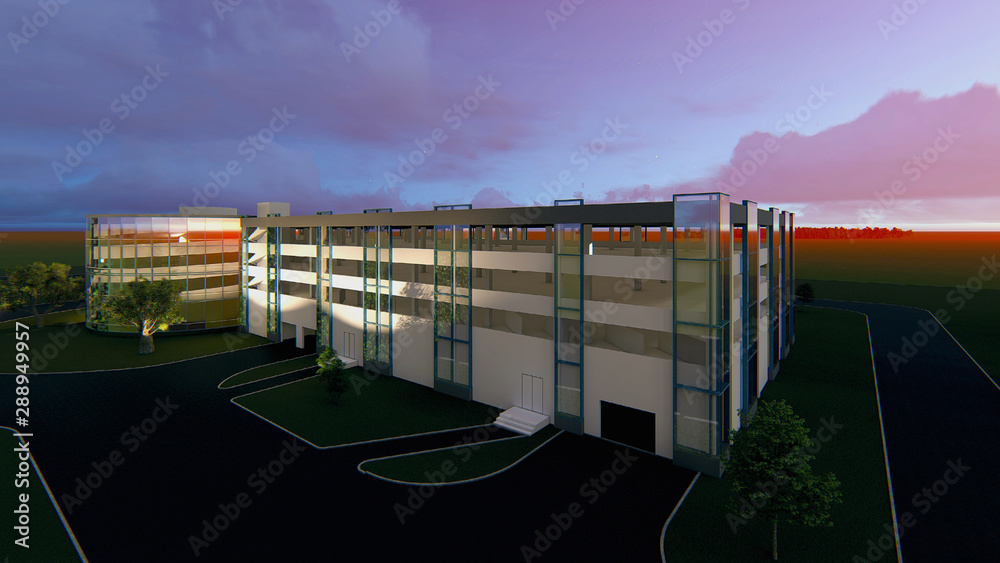 3D project of a multi-storey parking center with service centers. In the blue sky on a summer day. 3D project of a multi-storey parking center with service centers. In the blue sky on a summer day.
