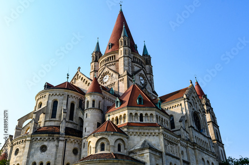 The St. Francis of Assisi Church in Vienna, Austria at sunrise. Also known as the Kaiser Jubilee Church and the Mexico Church