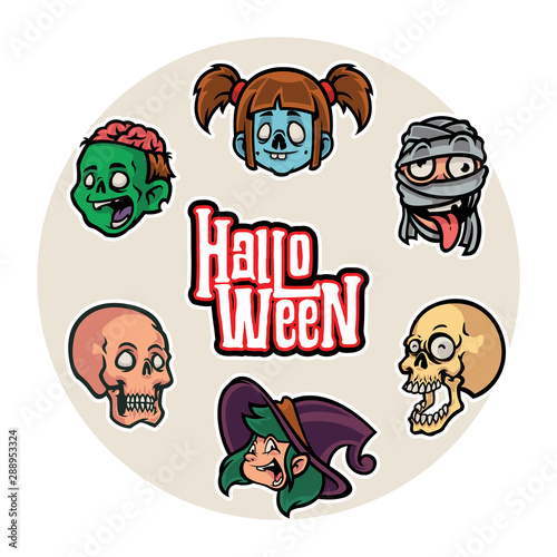 halloween character heads sticker vector pack 