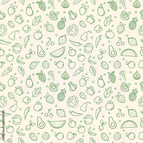 Green food seamless pattern of vegetable fruits