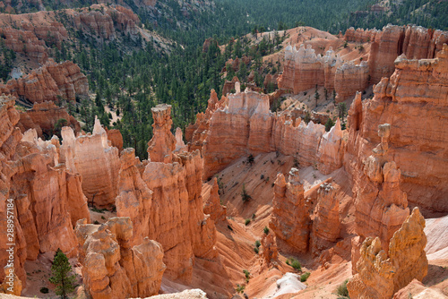 Hoodoos in Bryce Canyon with trees behind